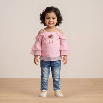 Girls Pink Flutter Top & Jeans Set