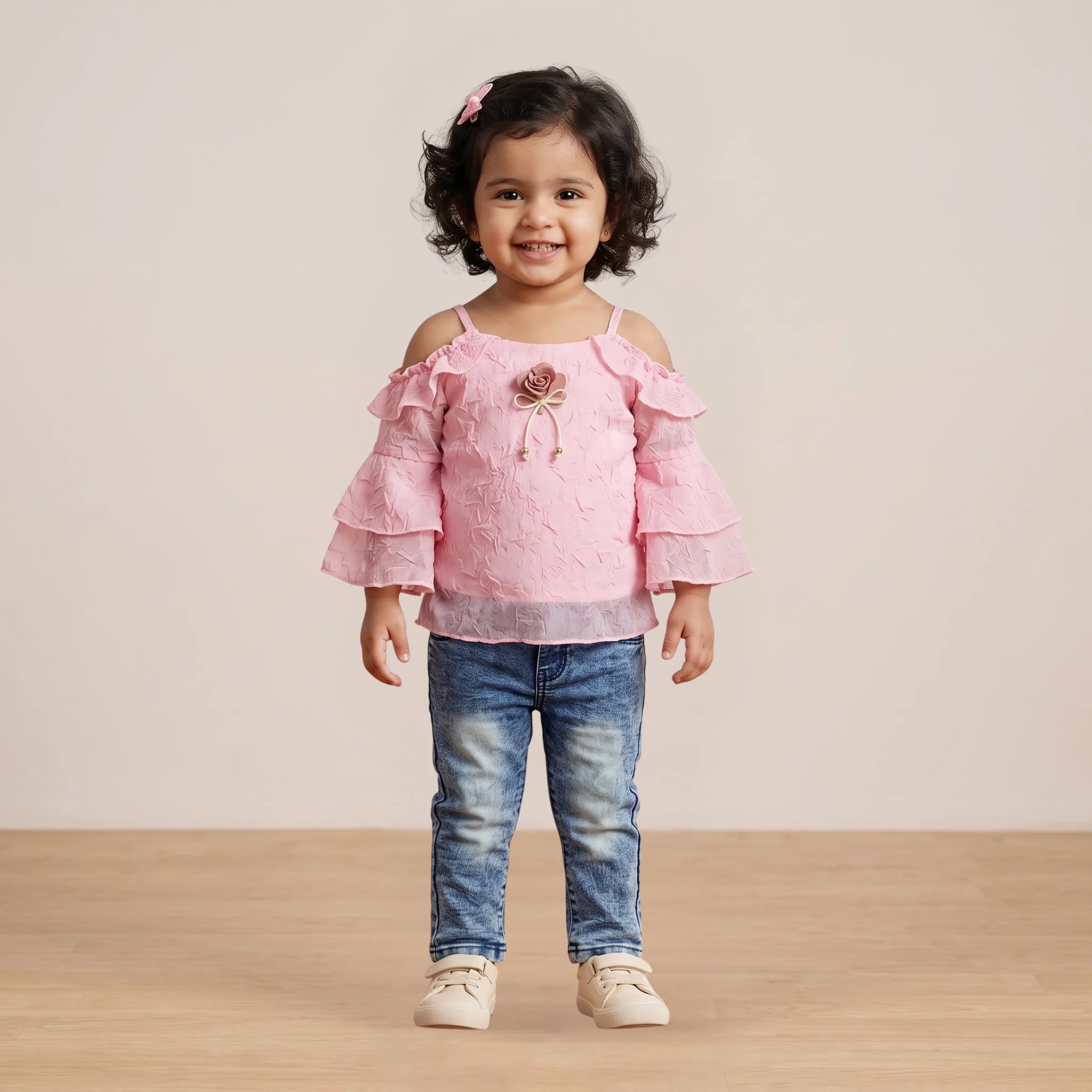 Girls Pink Flutter Top & Jeans Set
