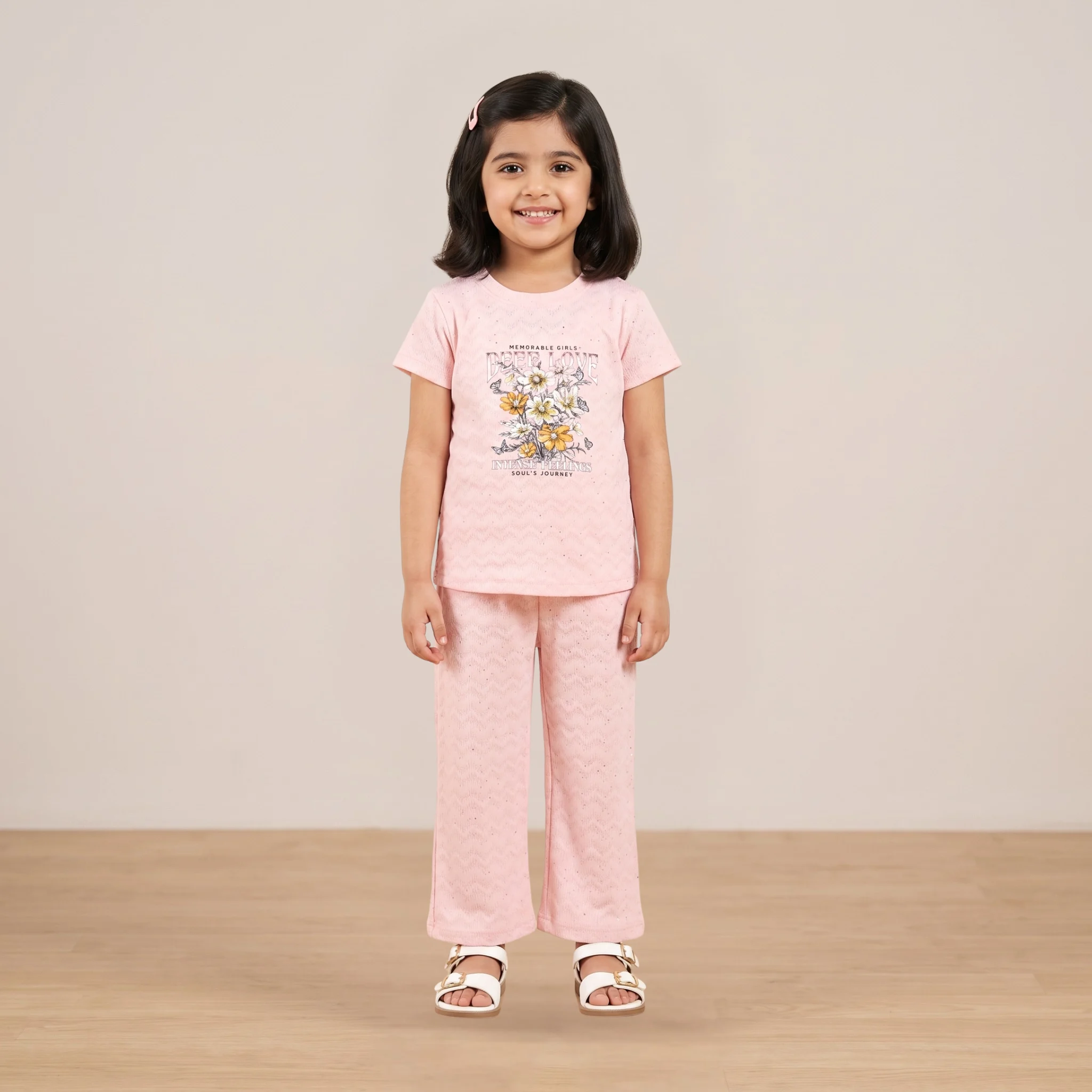 Girls Pink Floral Pearl Outfit Set