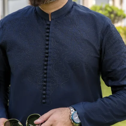 Riwaj Navy Blue Embroidered Premium Men?s Shalwar Kameez