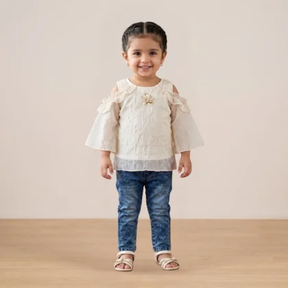 Girls Cream Flutter Top & Jeans Set