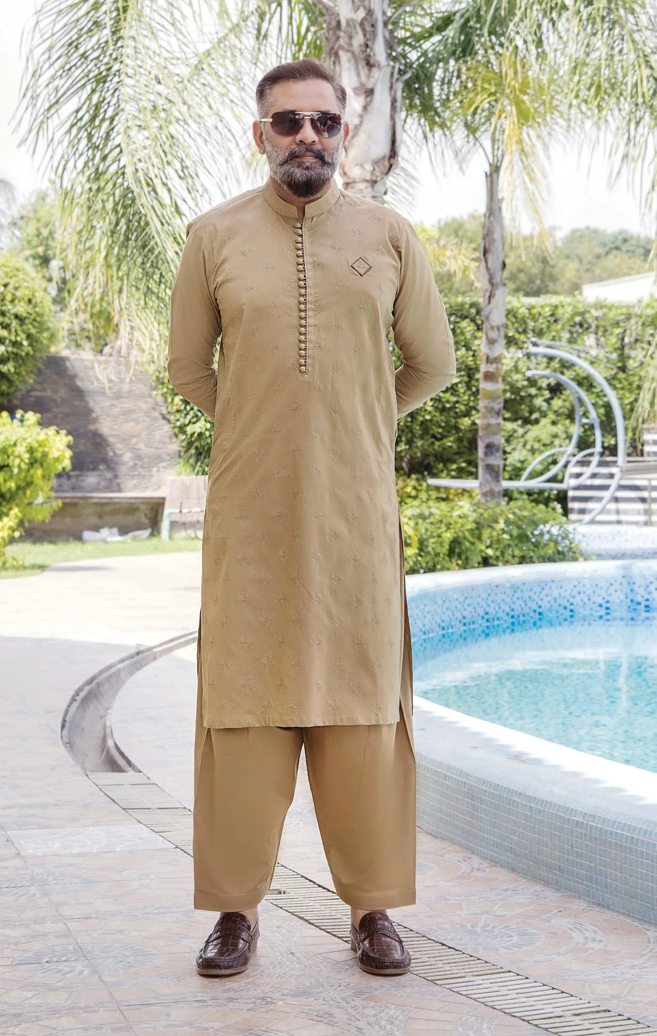 Riwaj Premium Beige Embroidered Men?s Kurta Shalwar - Image 2