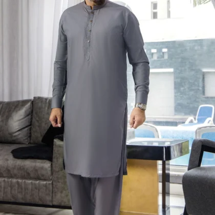 Riwaj Premium Grey Embroidered Men?s Kurta Shalwar