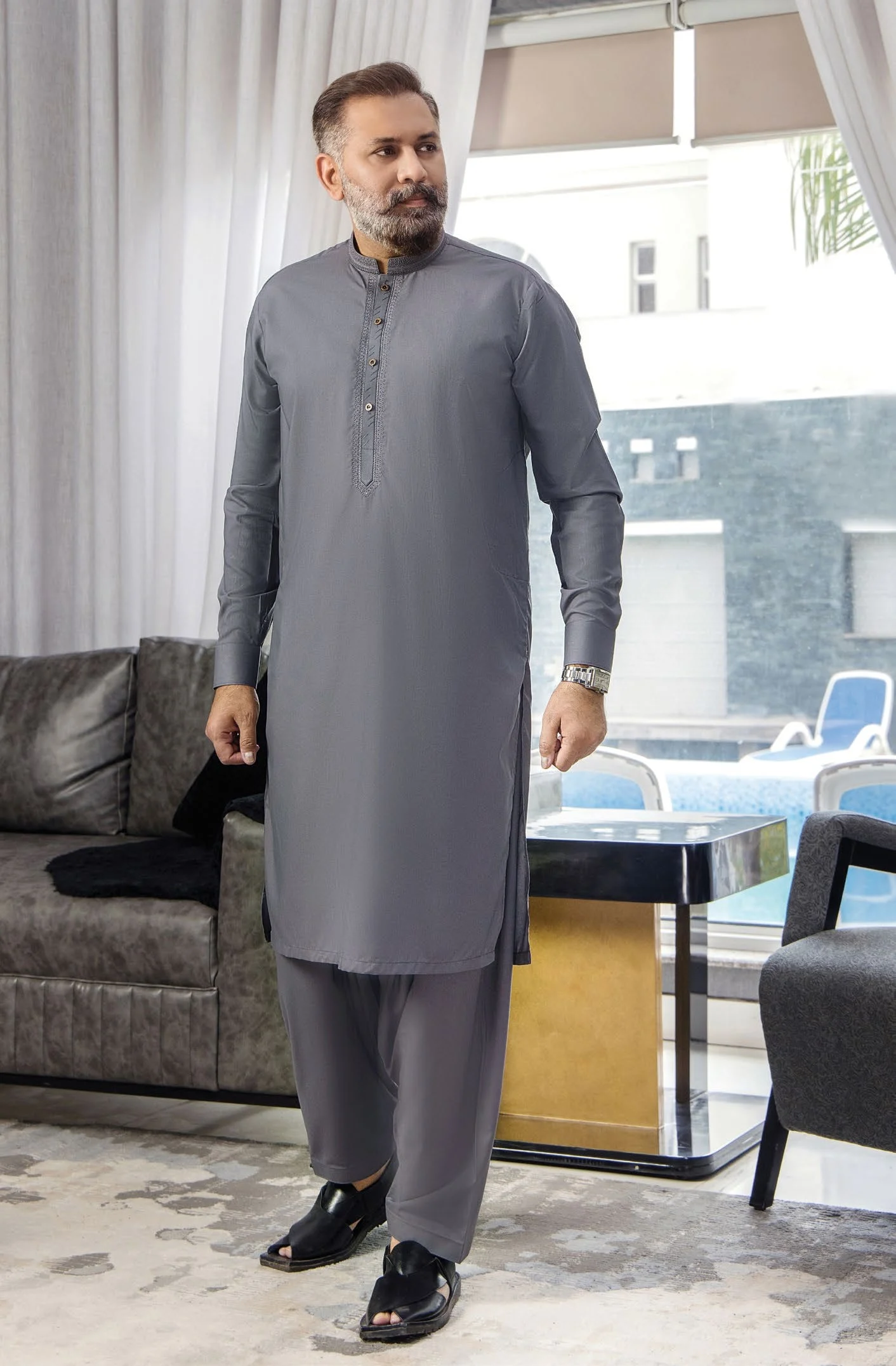 Riwaj Premium Grey Embroidered Men?s Kurta Shalwar