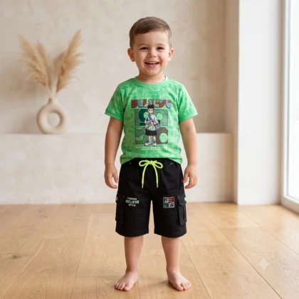 Boys Lime Green Graphic Tee & Black Cargo Shorts Outfit Set