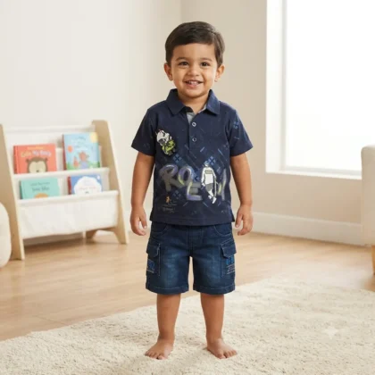 Kids Graphic Navy Polo & Denim Shorts Set