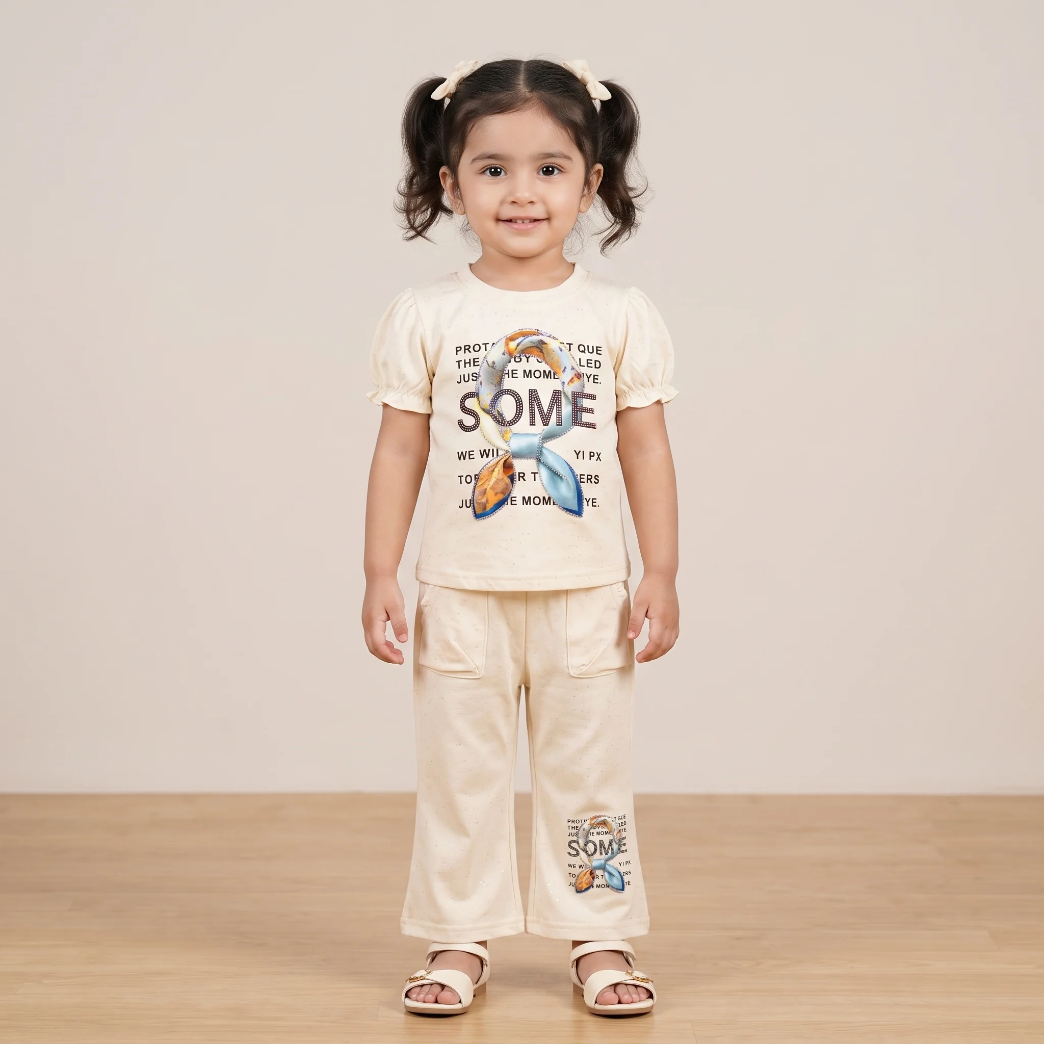Girls Cream Scarf Print 2-Piece Suit