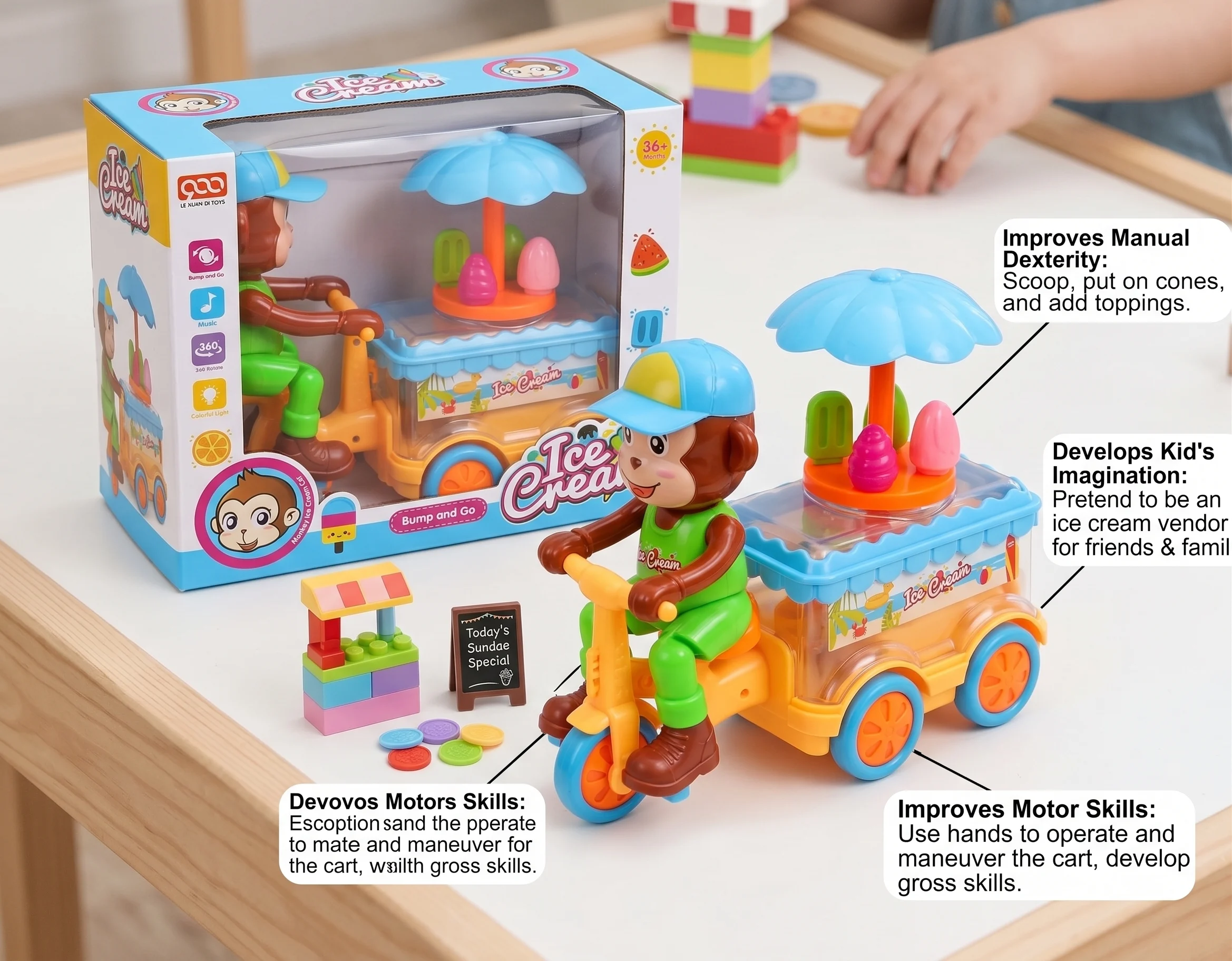 Musical Monkey Ice Cream Cart Toy with Lights – Kids Pretend Play - Image 2