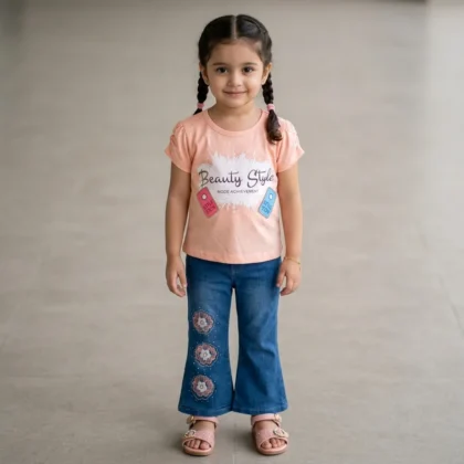 Girls Peach Graphic Top & Flared Jeans