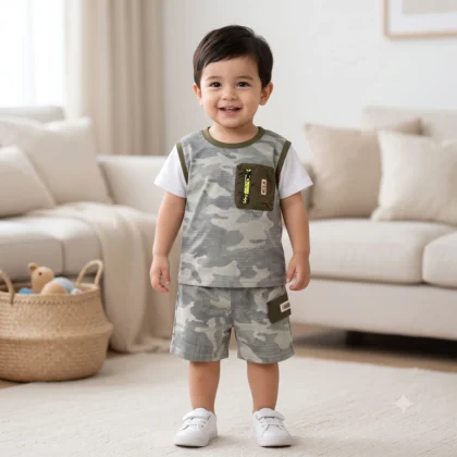 Kids Camo Print T-Shirt & Shorts Set