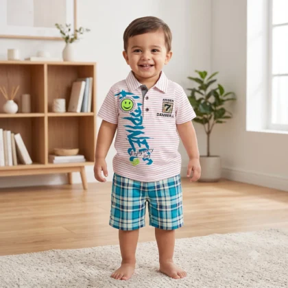Kids Striped Polo & Plaid Shorts Set