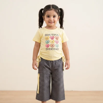Girls Yellow Top & Printed Pants Set
