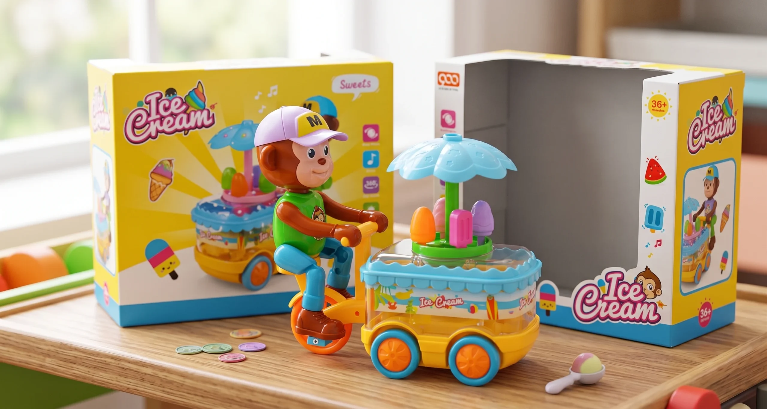Musical Monkey Ice Cream Cart Toy with Lights – Kids Pretend Play