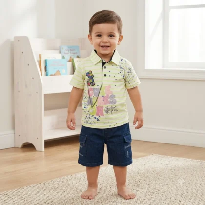 Kids Striped Graphic Polo & Denim Shorts Set