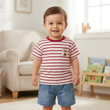 Kids Striped Bear Graphic T-Shirt & Shorts Set