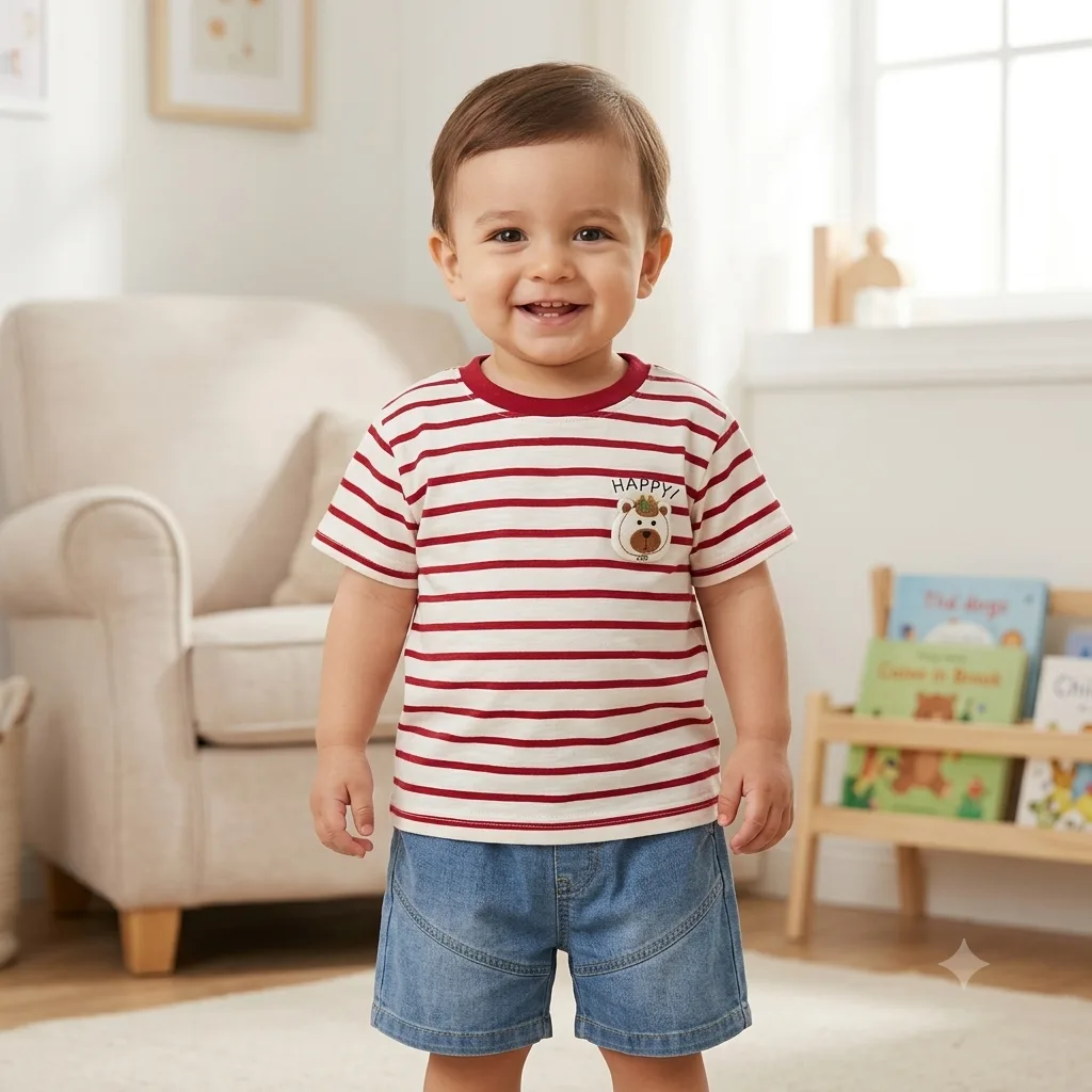 Kids Striped Bear Graphic T-Shirt & Shorts Set