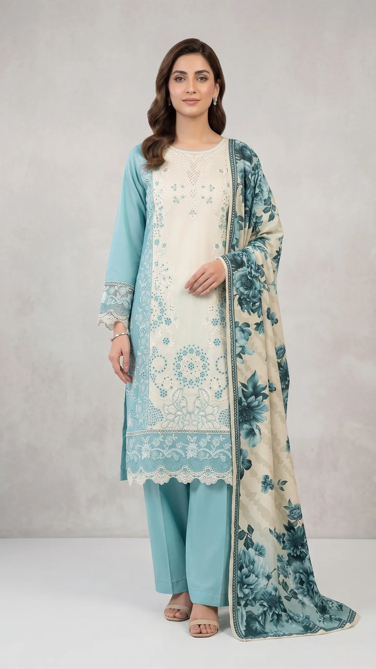 Embroidered Blue Lawn Suit 3-Piece