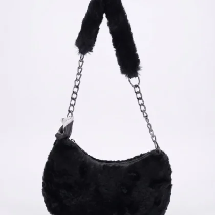 Black Furry Shoulder Bag with Scarf
