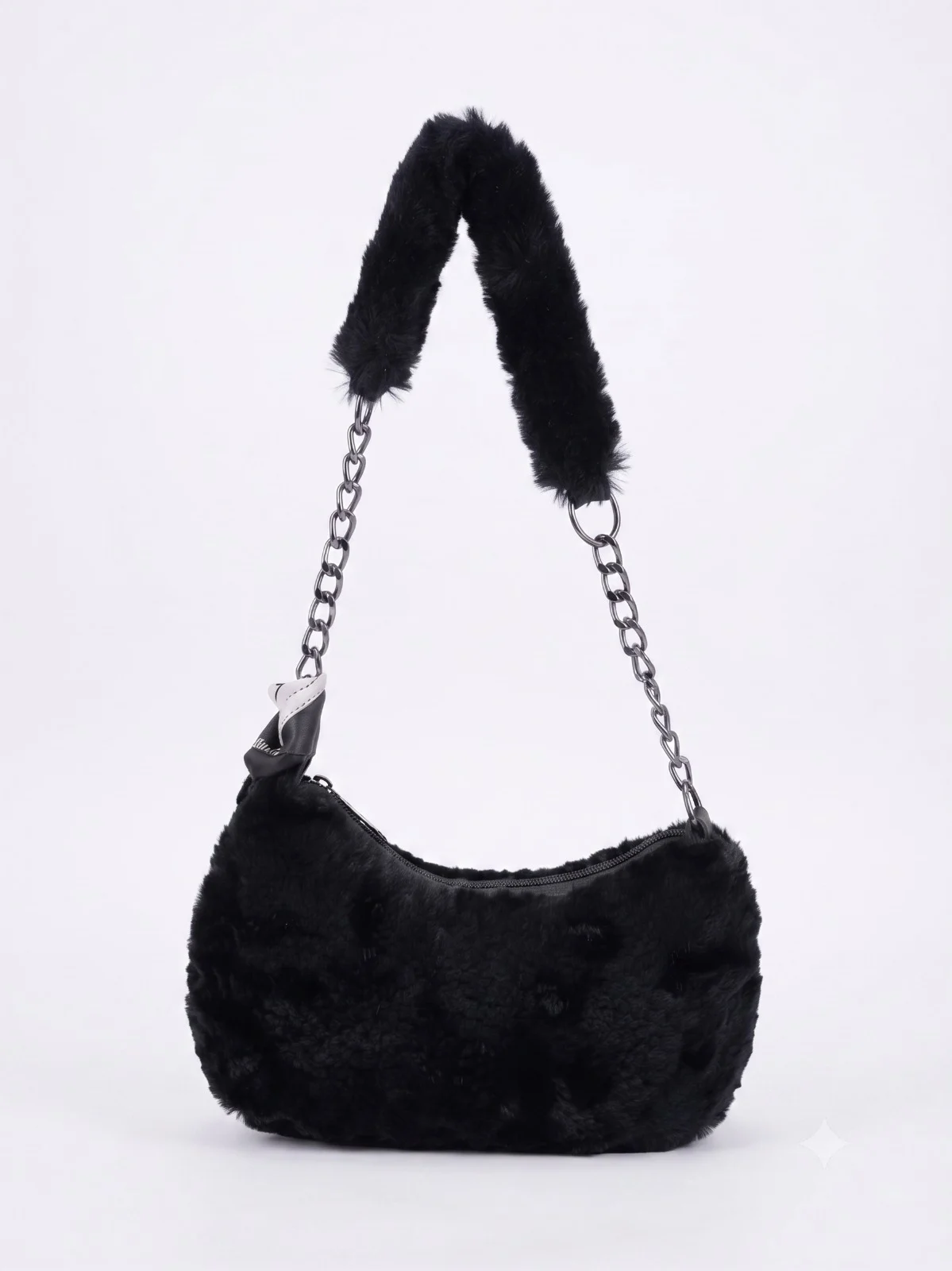 Black Furry Shoulder Bag with Scarf