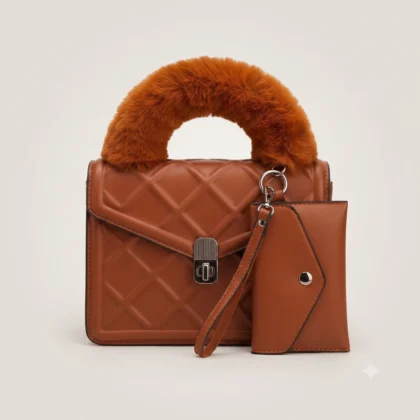 Quilted Brown Handbag with Fur Handle