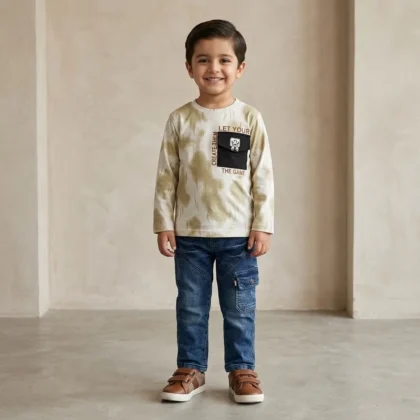 Boys Beige Tie-Dye Shirt and Cargo Jeans Set
