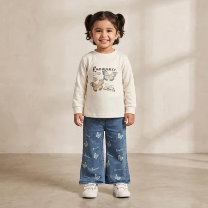 Girls Cream Butterfly Top Wide Leg Jeans Set