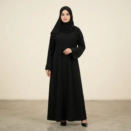 Black Beaded Leaf Embroidered Abaya