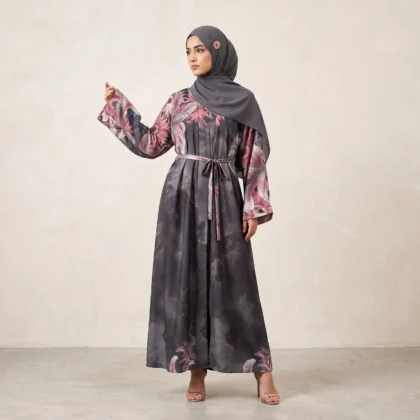 Charcoal Floral Belted 3D Digital Abaya