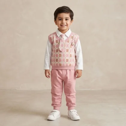 Kids Pink Bear Argyle Outfit Set