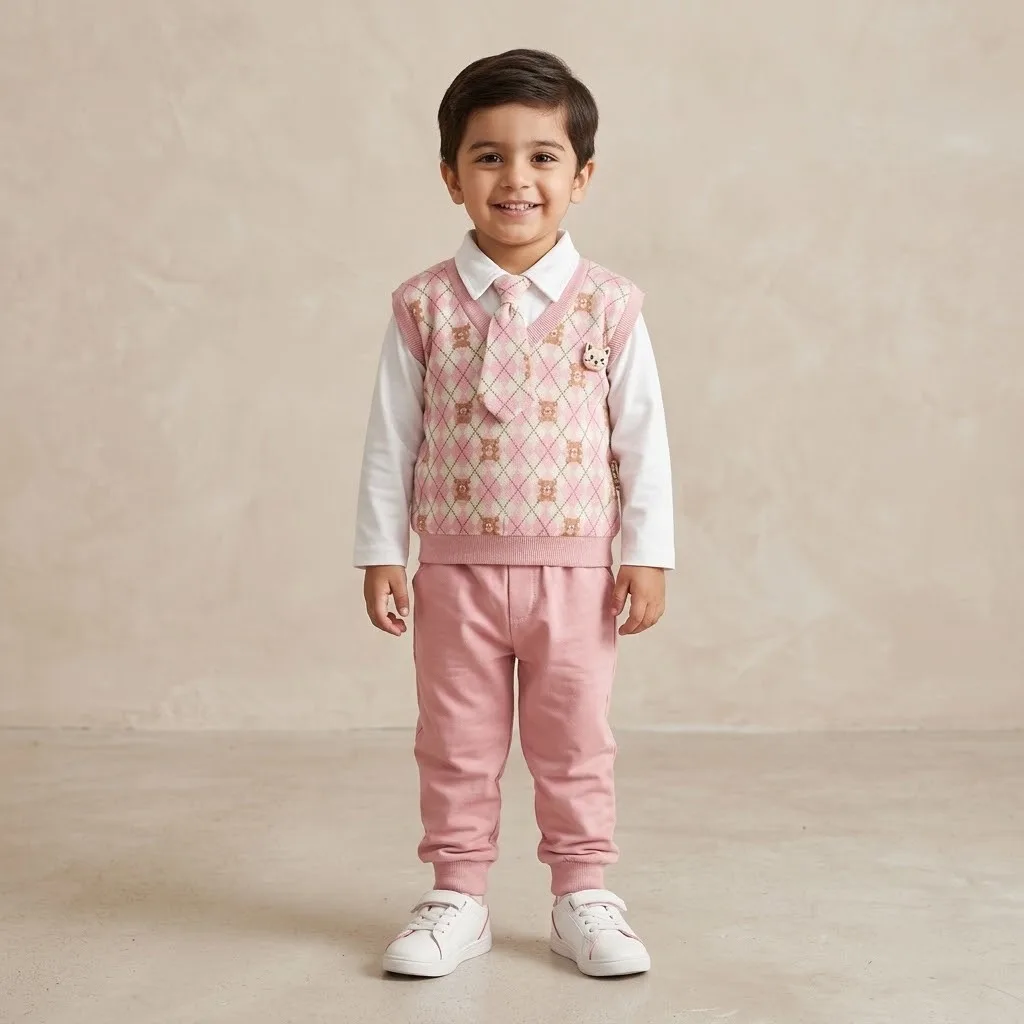 Kids Pink Bear Argyle Outfit Set