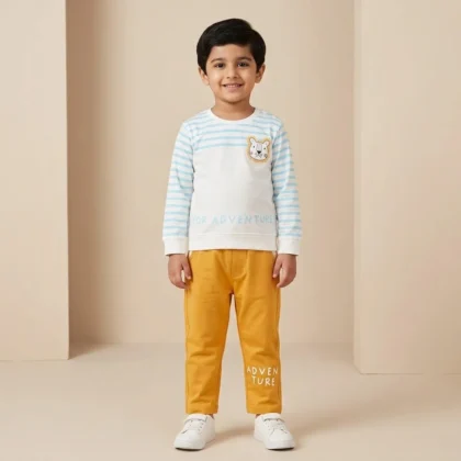 Boys Light Blue Striped Lion Graphic & Yellow Jogger Set