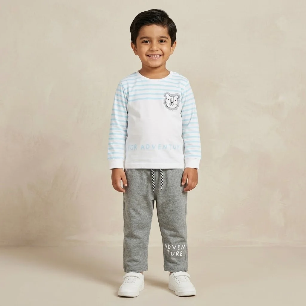 Boys Light Blue Striped Lion Graphic & Grey Jogger Set