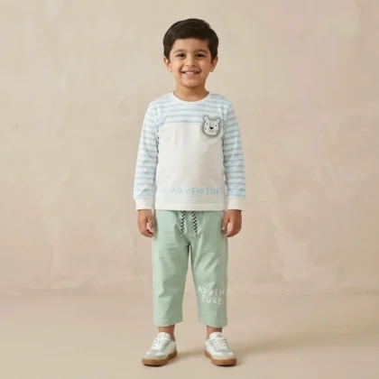 Boys Light Blue Striped Lion Graphic & Mint Jogger Set