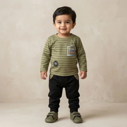 Boys Olive Striped Shirt and Jogger Set