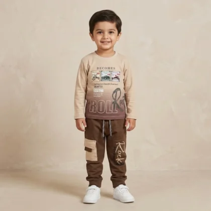 Boys Beige & Brown Vintage Graphic Cargo Set