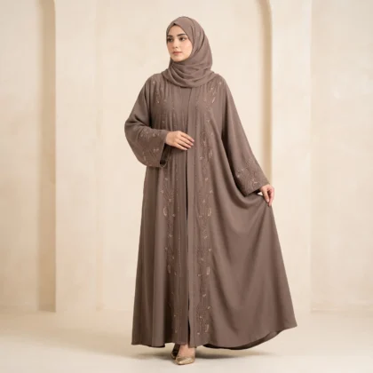 Mocha Floral Embroidered Open Front Korean Nida Abaya