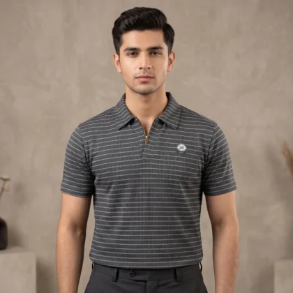 Men’s Grey Striped Zip Polo
