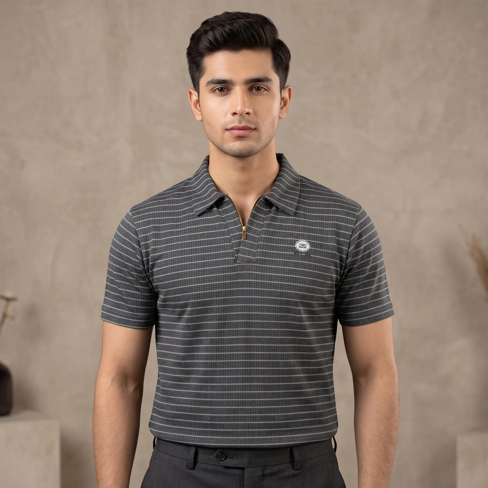 Men’s Grey Striped Zip Polo