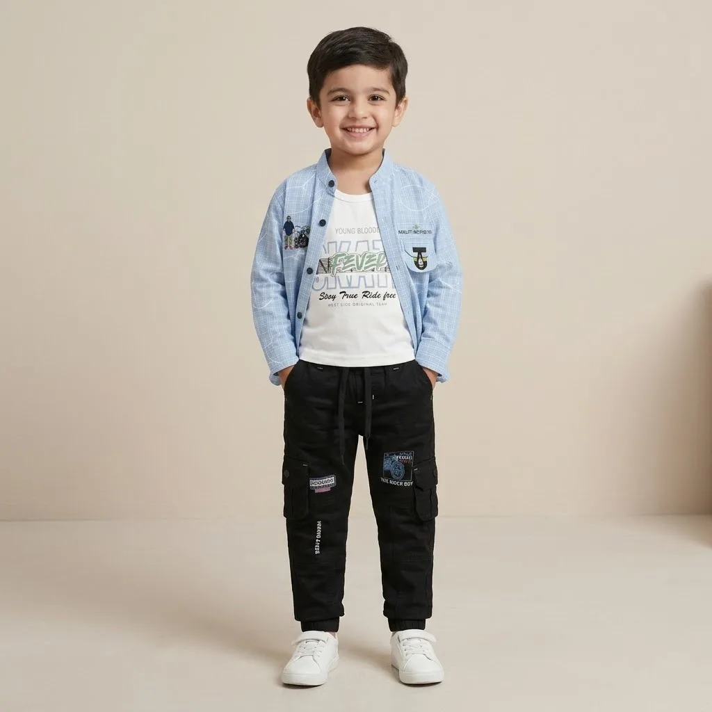 Boys Light Blue Layered Shirt & Black Cargo Set