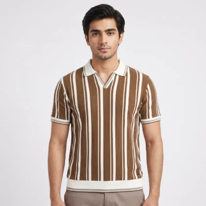 Men’s Brown Striped V-Neck Polo