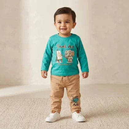 Boys Teal Elephant Shirt Pants Set
