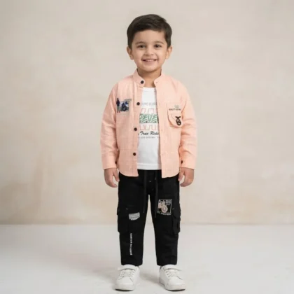 Boys Peach Layered Shirt & Black Cargo Set