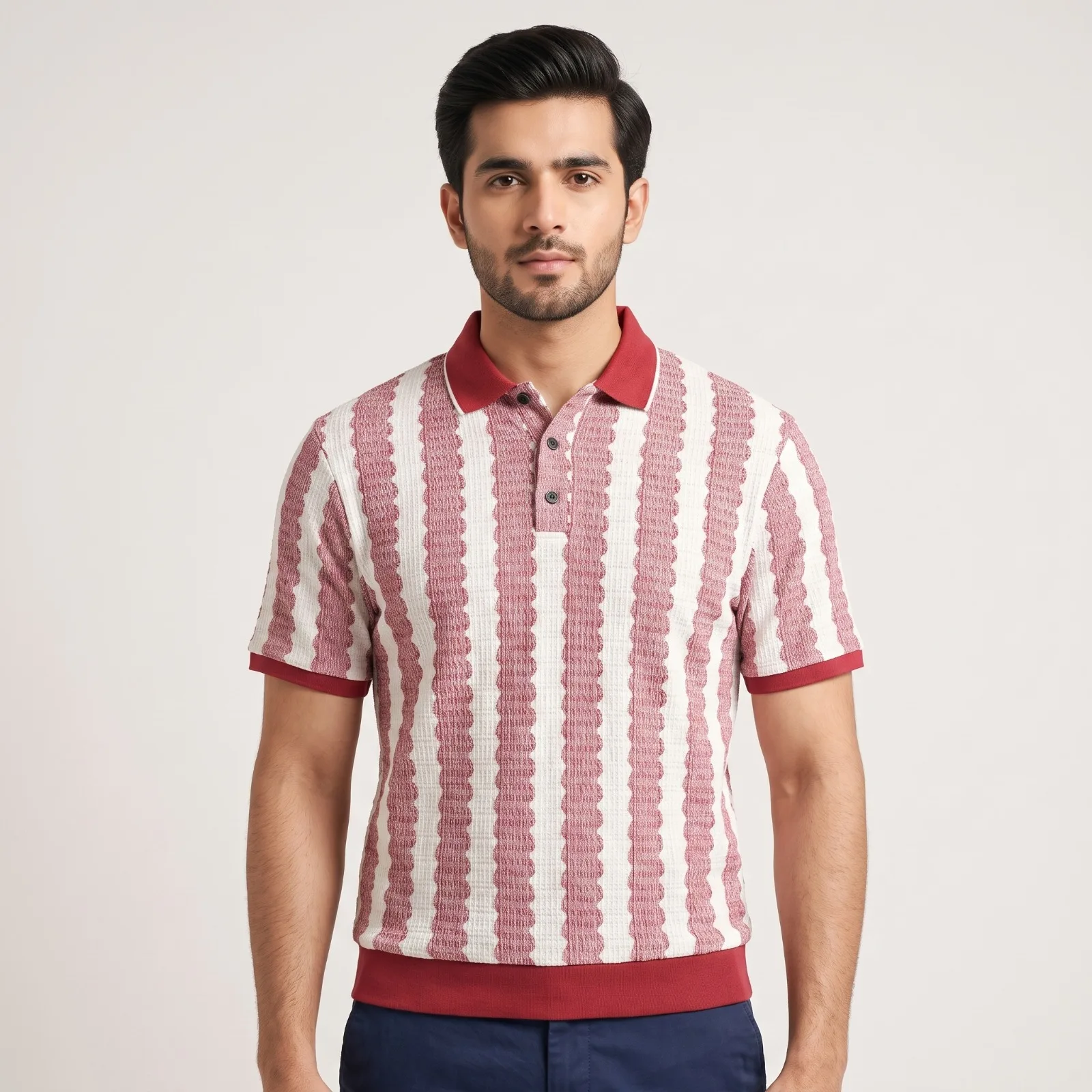 Men’s Red & White Textured Polo