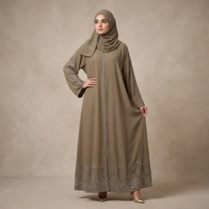 Olive Green Crystal Embellished Korean Nida Abaya